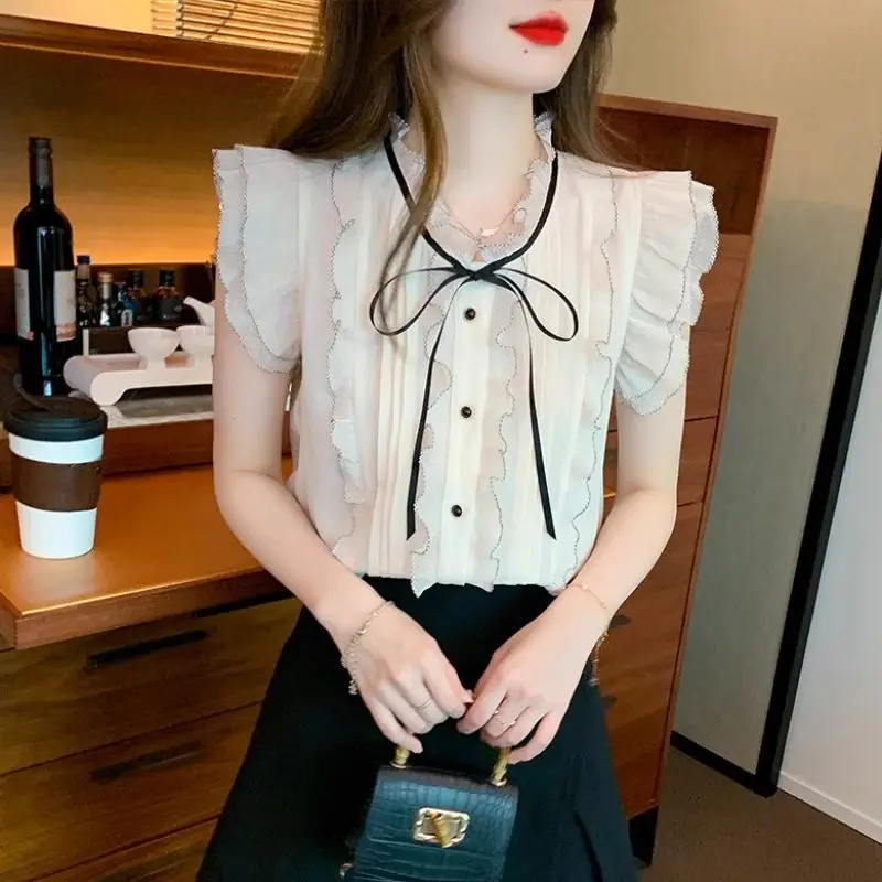 2024 Summer New Gentle Style Tie Up Bow Chiffon Shirt Women's Ear Edge Shirt Sleeveless T-shirt Fashion Slim and Elegant Top