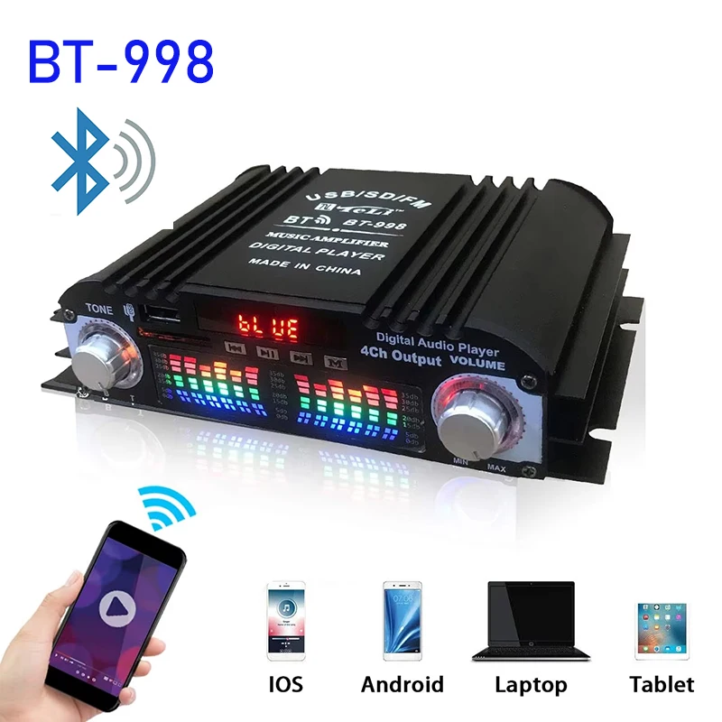 Audio Amplifier 4 Channel 1600W Peak Power Digital Bluetooth Karaoke Player FM Radio Remote Control
