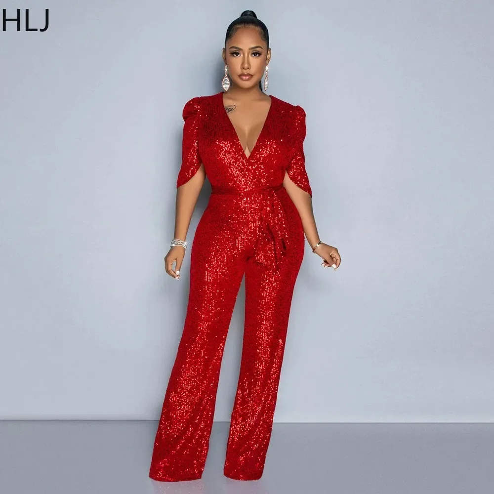 HLJ Fashion Sequin V Neck Half Sleeve Lace Up Party Club Jumpsuits Elegant Women Slim Straight Pants Playsuits Female Overalls