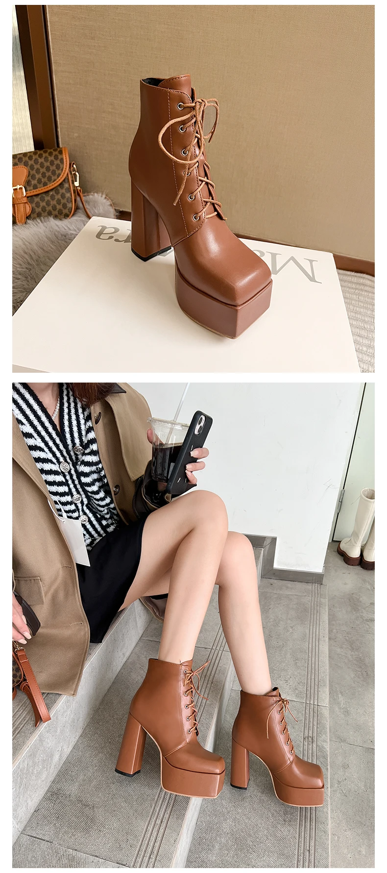 Quadratische Zehenpartie, hohe Plateau-Schnürung, einfarbig, sexy Damen-Stiefeletten, schwarze Lederstiefel, mattes Finish, Frühling und Herbst, neues High-End-Design, Runway-Modell-Stil, elegant, sexy, einfarbig, quadratischer Absatz, ultrastabil – Detail 3