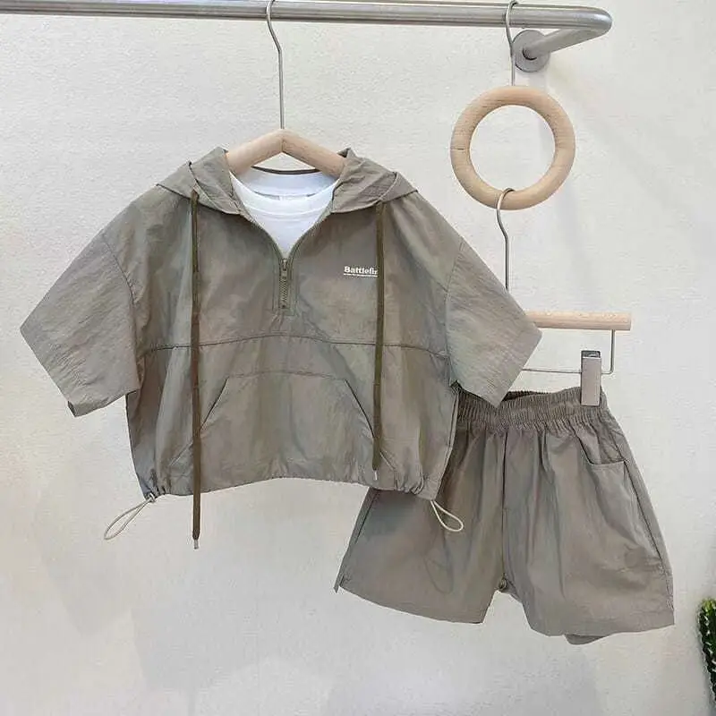 

New Summer Kids Clothes Korean Children's Clothing Baby Boy Suit Short-sleeved Fake Two-piece Hoodie + Shorts 2 Pcs Set 2-9Y