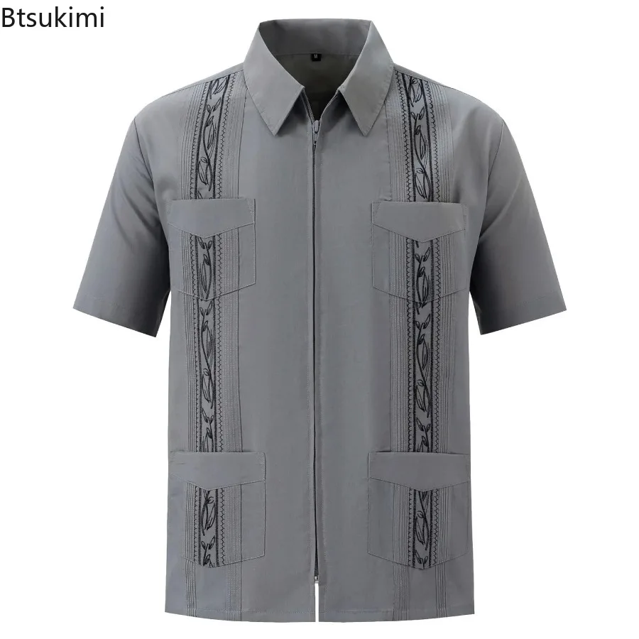 Zipper Men's Guayabera Shirts Clothing Four Pocket Embroidered Traditional Short Sleeve Shirts For Men Mexican Cuban casual short sleeved shirt short sleeved shirt