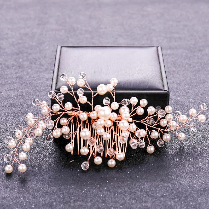 Rose Gold Crystal Pearl Flower Hair Comb