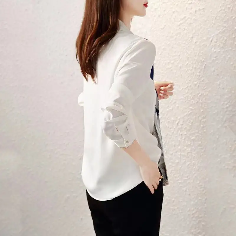 Fashion Lapel Spliced Lace Up Bow Chiffon Shirts Women's Clothing 2024 Spring Summer New Loose Korean Tops Office Lady Blouses