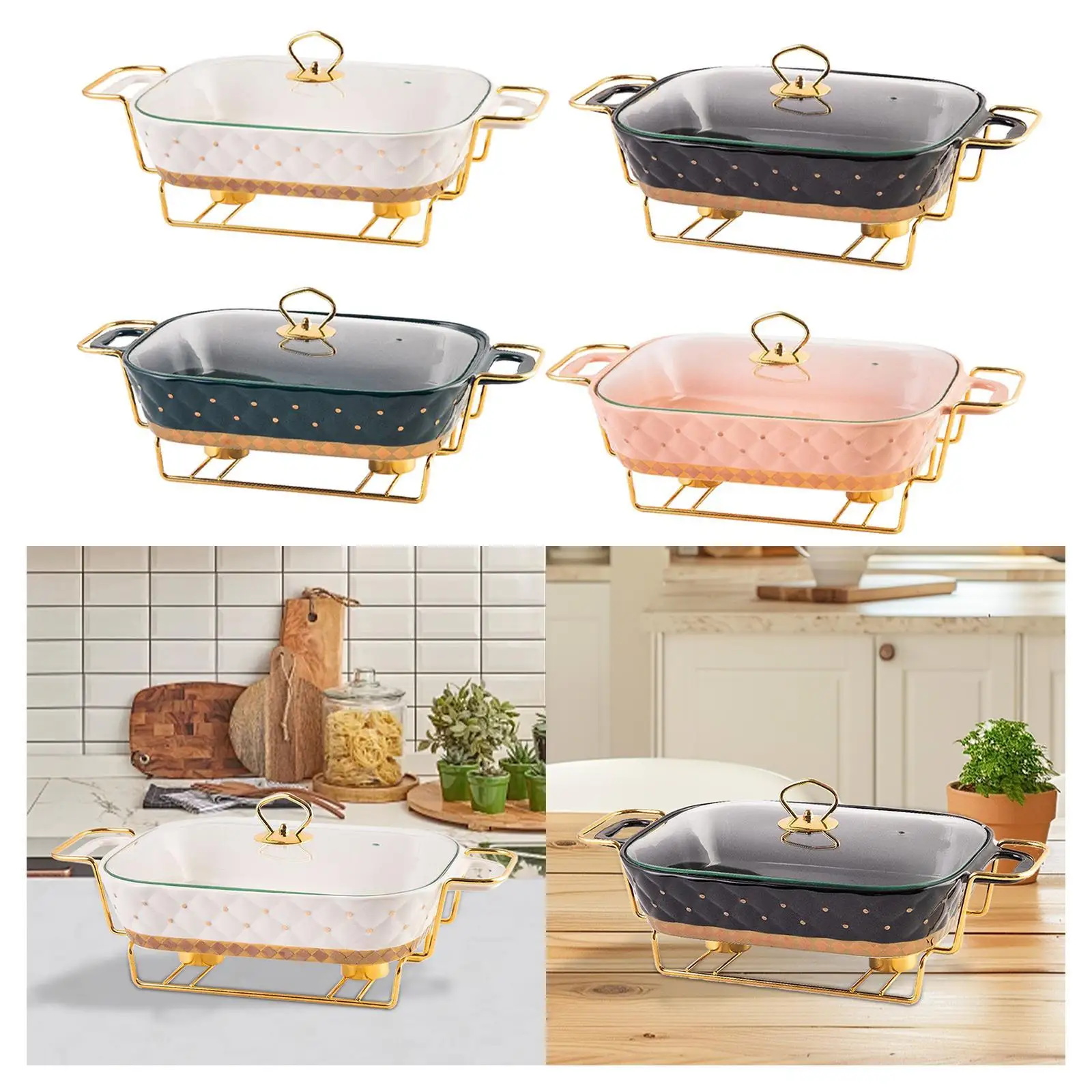 Chafing Dish Clear Lid with Stand Food Plate Buffet Server Ceramic Food Warmer Casserole Tray for Holidays Entertaining Parties