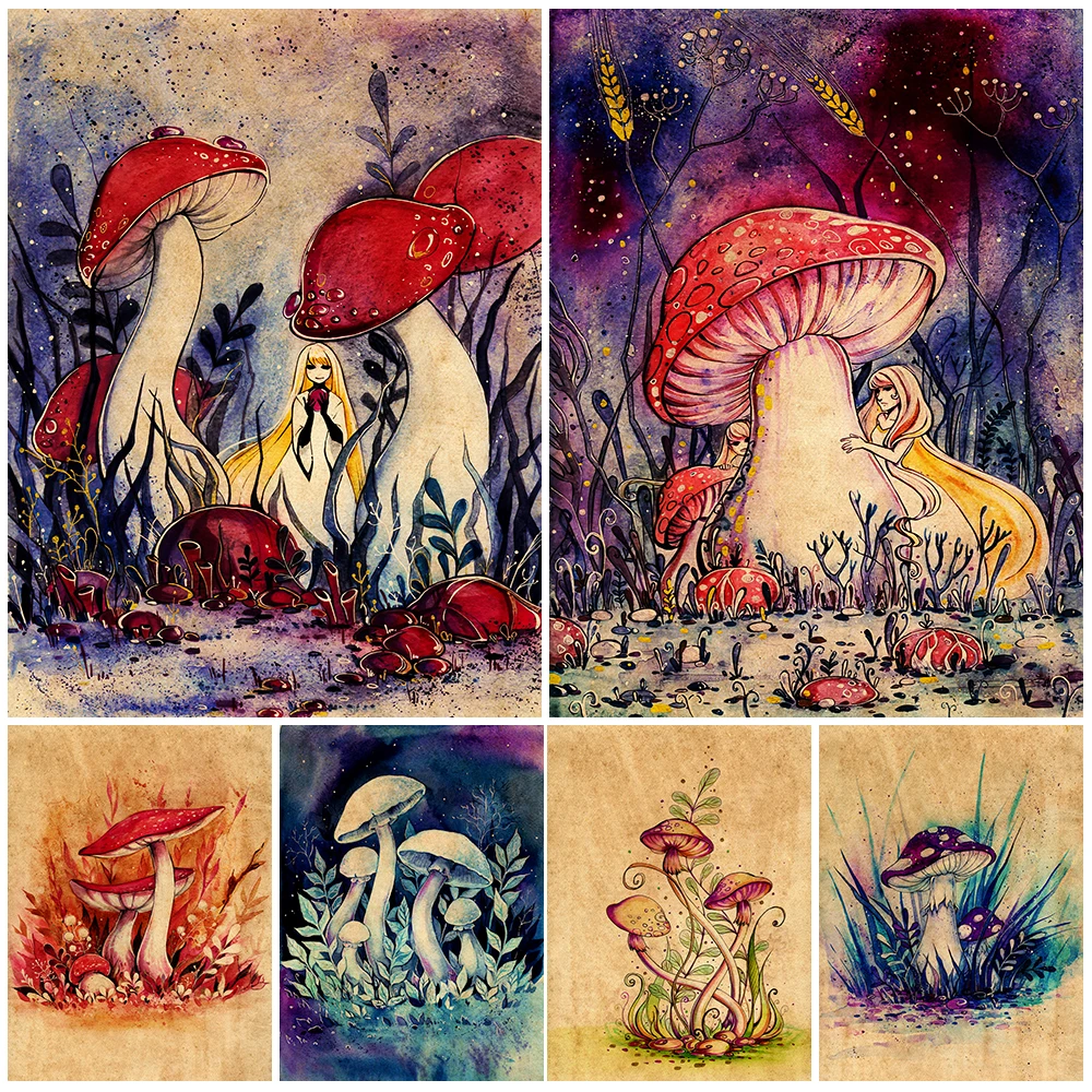 

Magic Mushroom Princess Vintage Wall Art Canvas Painting Mushroom Fairies Mysterious Art Poster And Prints For Living Room Decor
