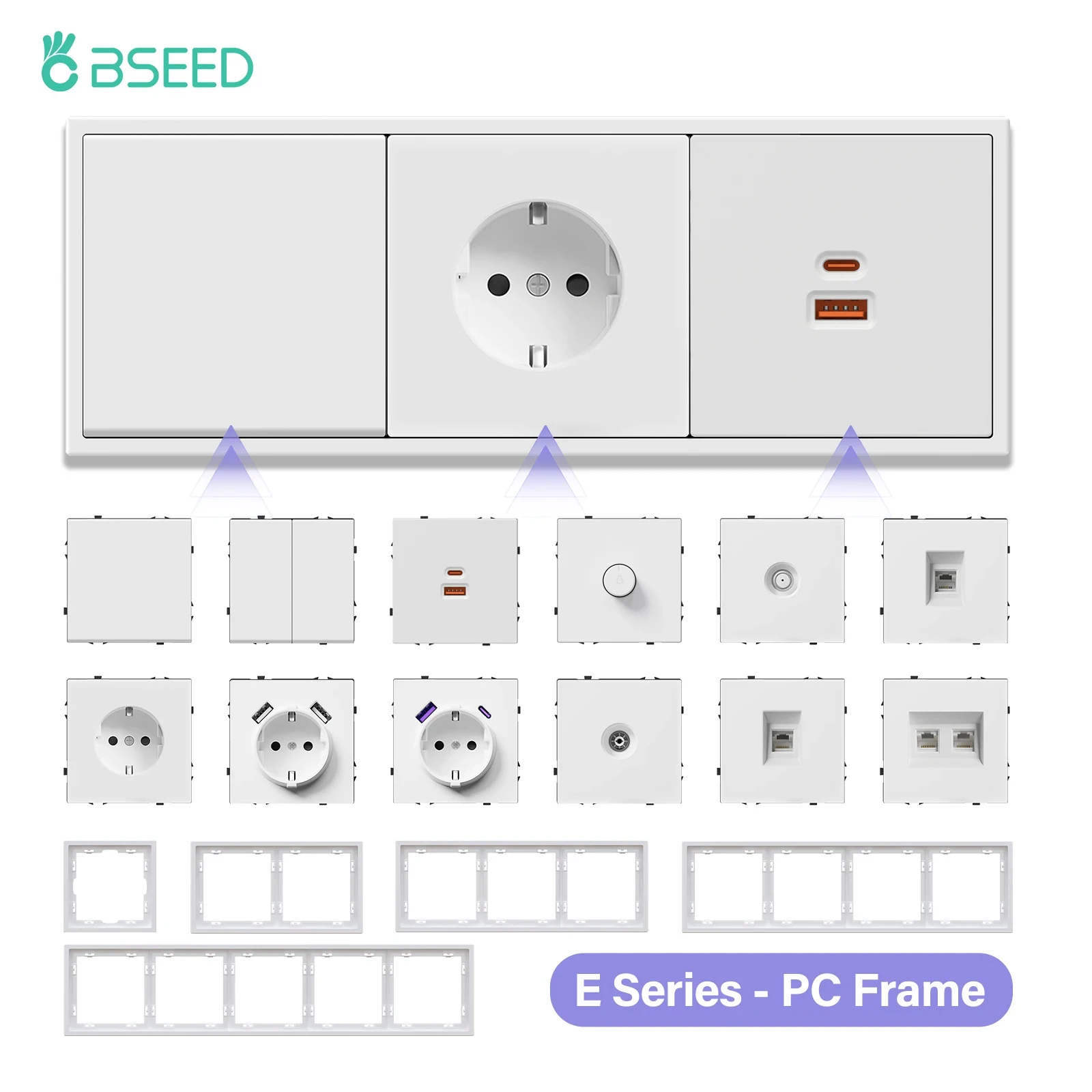 BSEED 1/2 Gang Mechanical สวิทช์ไฟ EU ซ็อกเก็ต USB Type-c พอร์ตทีวี/ST/CAT6 Dimmer ฟังก์ชั่น DIY ชิ้นส่วนกรอบพลาสติก 1