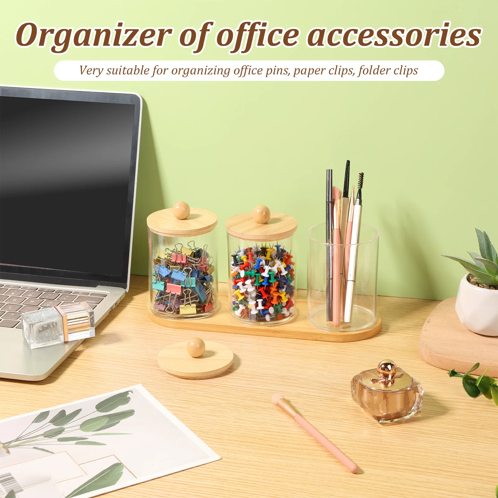 2/3Pcs Cotton Swab Holder Plastic Clear Cotton Ball Holder with Wooden Lid and Tray Paper Clip Dispenser Desktop Storage Jar