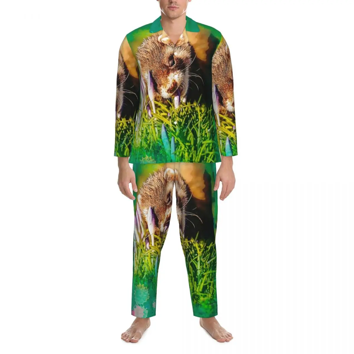 

Funny Ferret Print Sleepwear Autumn Spring Flowers Vintage Oversized Pajama Sets Men Long Sleeve Soft Room Custom Nightwear