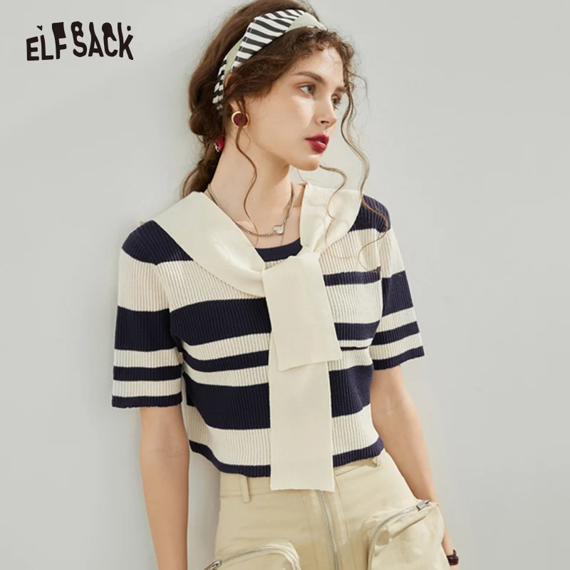 

ELFSACK French Striped Knitwears Women 2023 Spring Short Sleeve Loose Basic Tops
