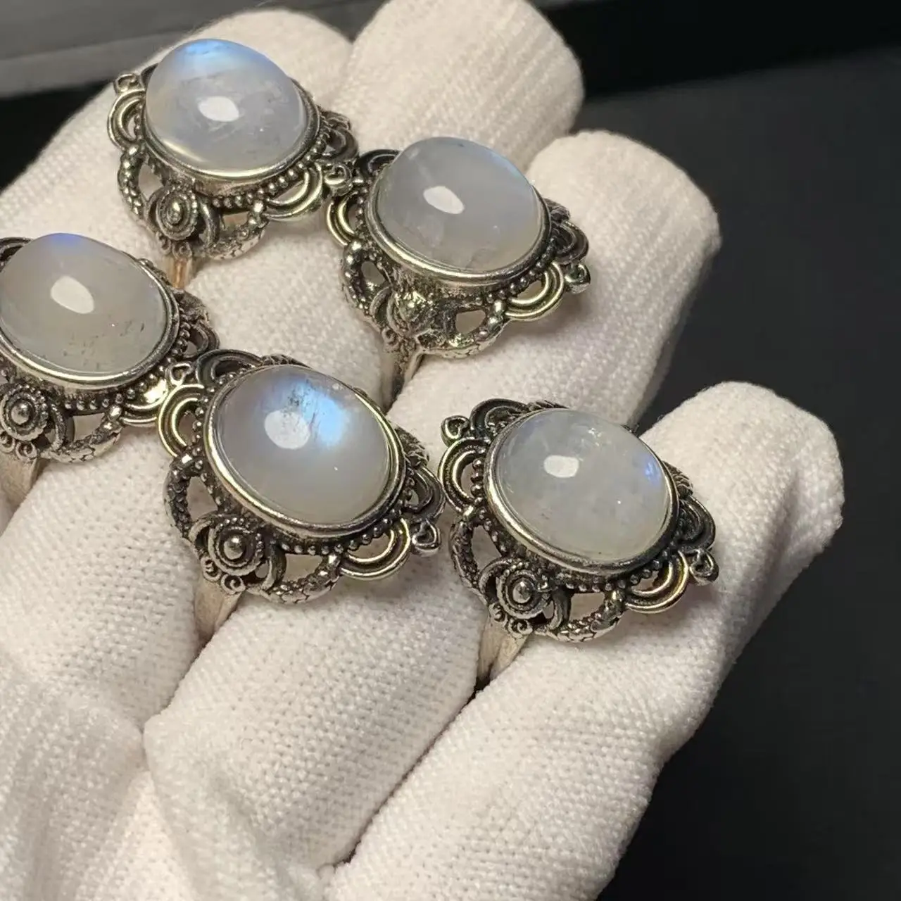 MM Natural BLUE Moonstone Ring Adjustable Female  Ring Jewelry for Women Gift Wholesale High Quality Vintage Fine