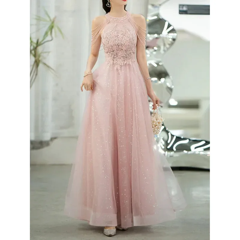 LANMU Elegant Pink Celebrity Dress Sequins Beading Halter With Tassel Sleeve A Line Exquisite Floor Length Prom Evening Gowns