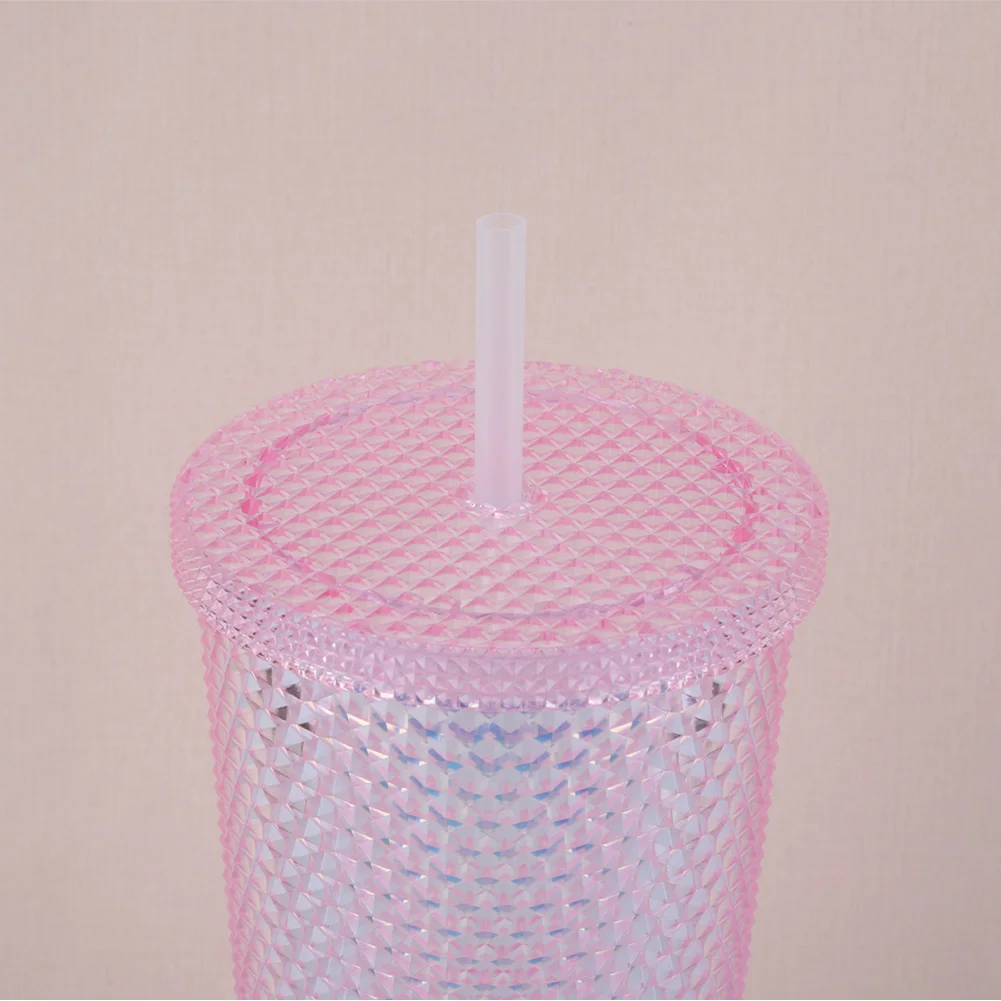710ml 플라스틱 빨대컵 라인스톤 리벳컵 이중벽 물병 뚜껑 포함 휴대용 텀블러 대용량 가정 및 야외용