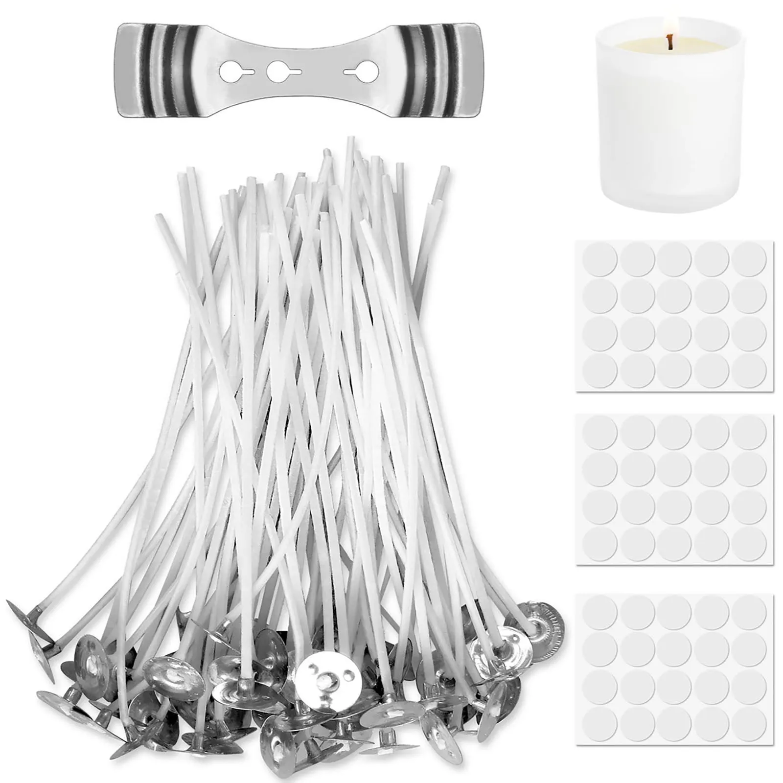Candle Wicks Candle Wick 60 PCS Candle Wick Pre Waxed Wicks 60 PCS Candle Wick Stickers 1 Wick Holder for Making DIY 3.9in/10cm