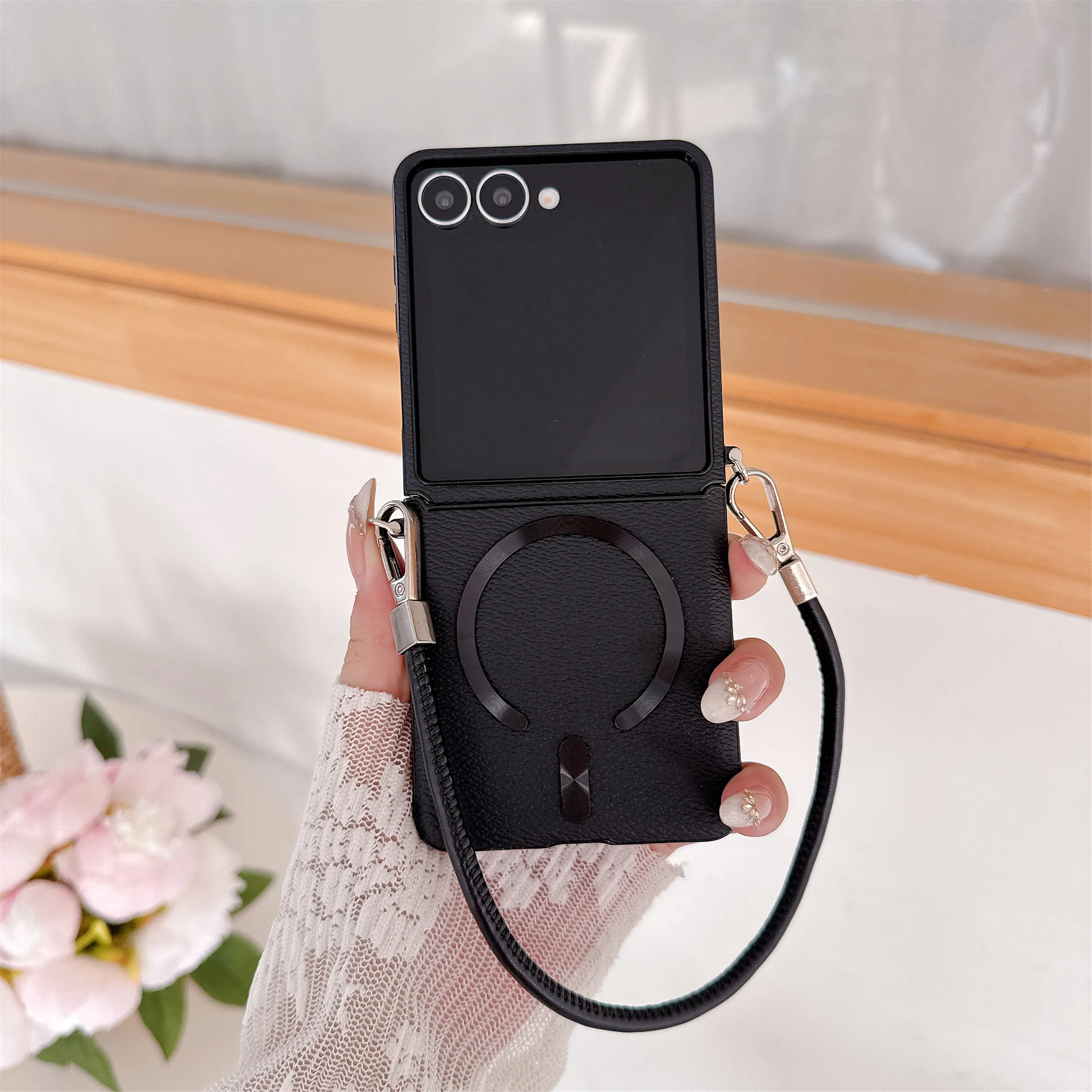 Enhanced Leather Magnetic Cover with Wristband and Lanyard for Seamless Wireless Charging