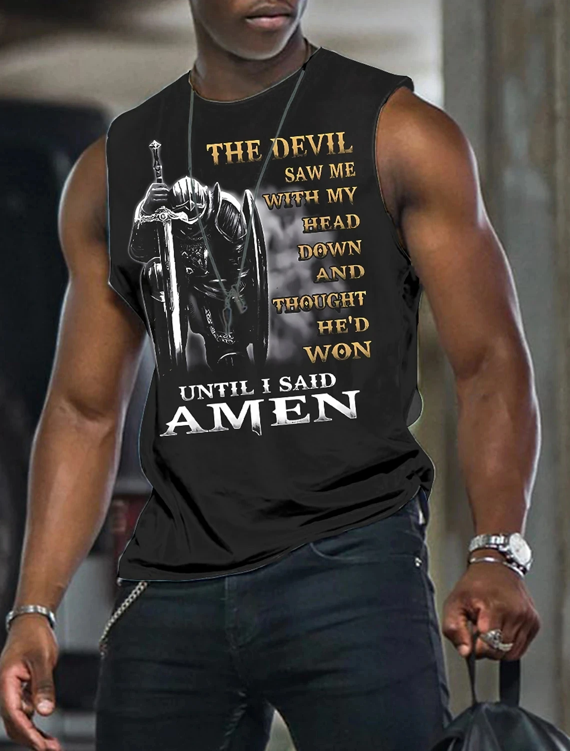 

Men's Retro Street Knight Sleeveless Gym Tank Tops Running Sport Corss Print Tank Top Casual Vest Fitness Training Shirts