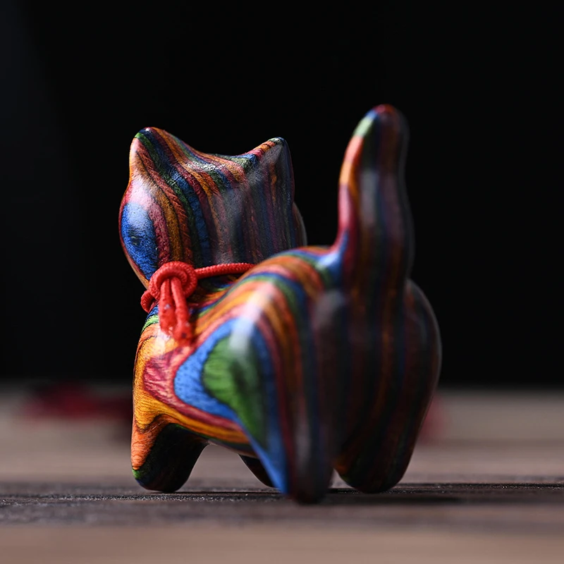 Rainbow Wood Carving Cat Sculptures Cat Ornaments Cute Colored Wooden Cat Desktop Office Accessories Home Decor Gift Souvenirs