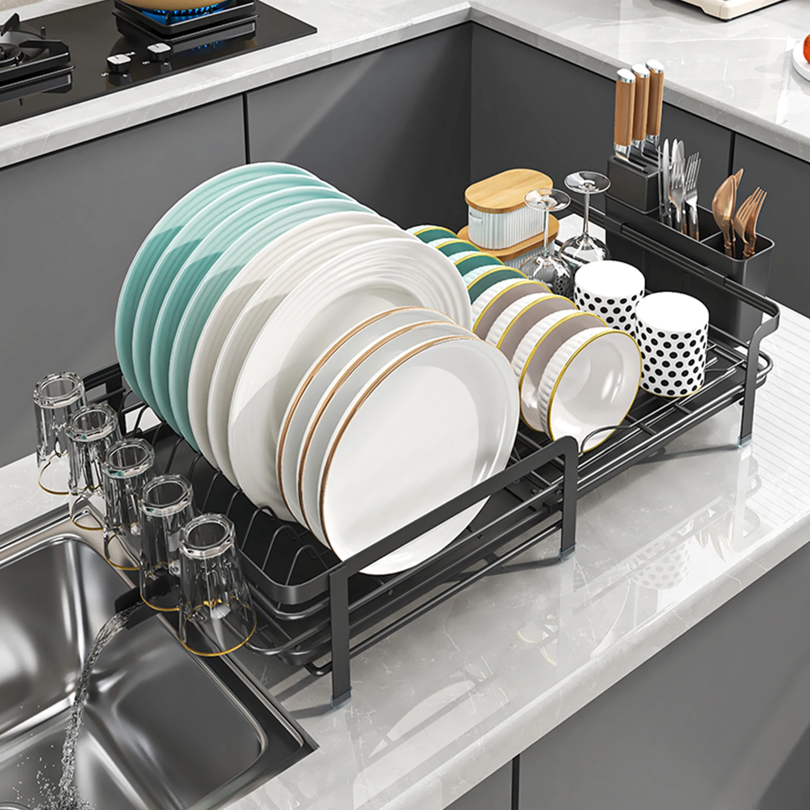 Expansion Dish Storage Rack,Kitchen dish rack with drained set,Kitchen organizer storage,Metal storage rack for Tableware 2