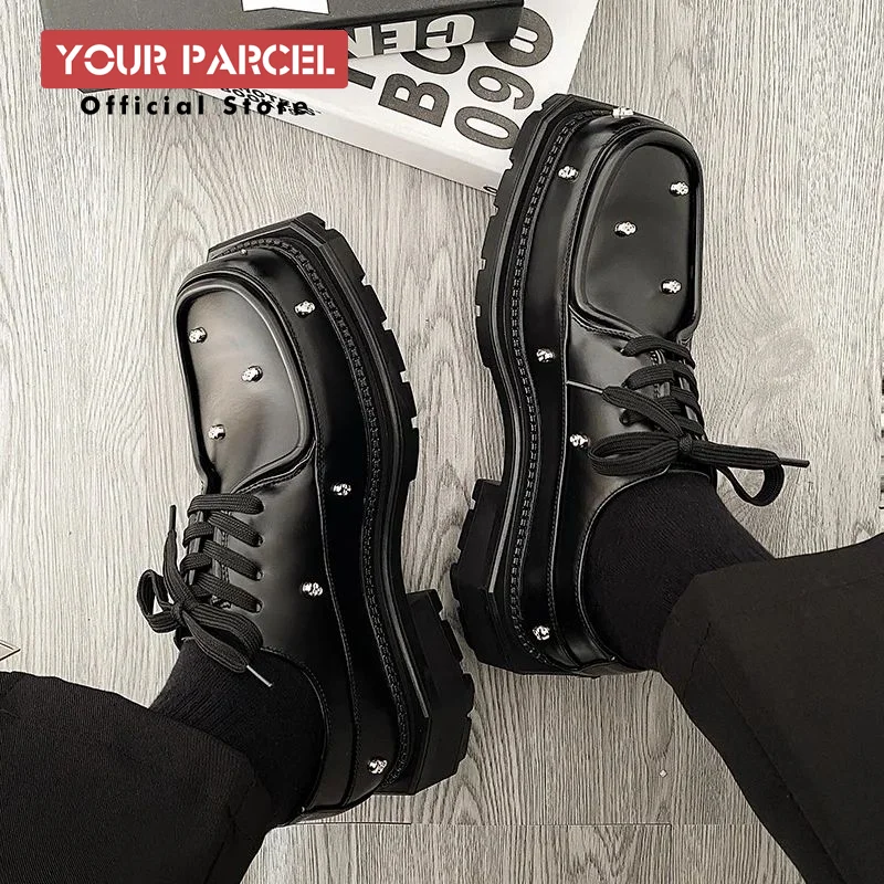 Skeleton Head New Square Head Leather Shoes for Men's Korean Classic Casual Willow Nail Small Design Thick Sole Big Derby S