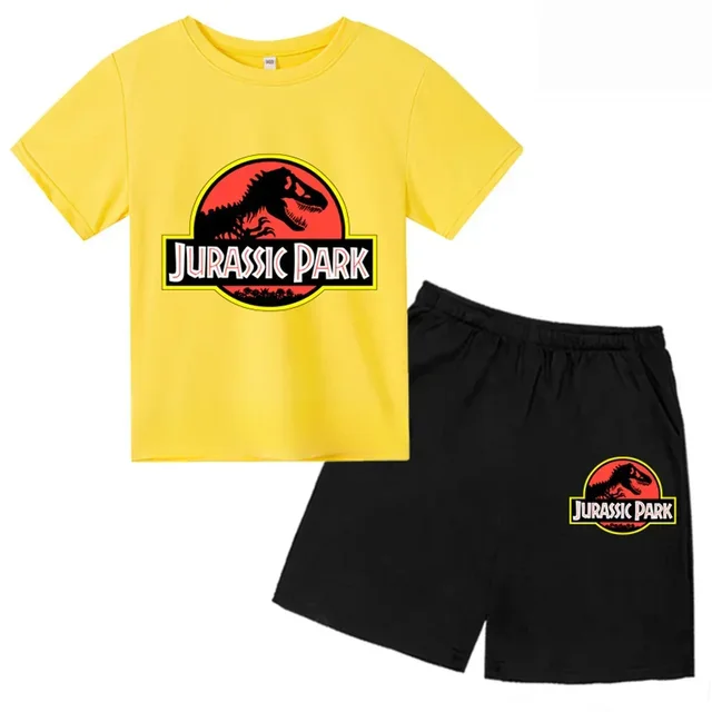 thumbnail image 1 of Conjunto de 2 piezas de camiseta y pantalones cortos con estampado de dinosaurio de Jurassic Park para niños y niñas, con estampado de dibujos animados de verano, 1 of 5