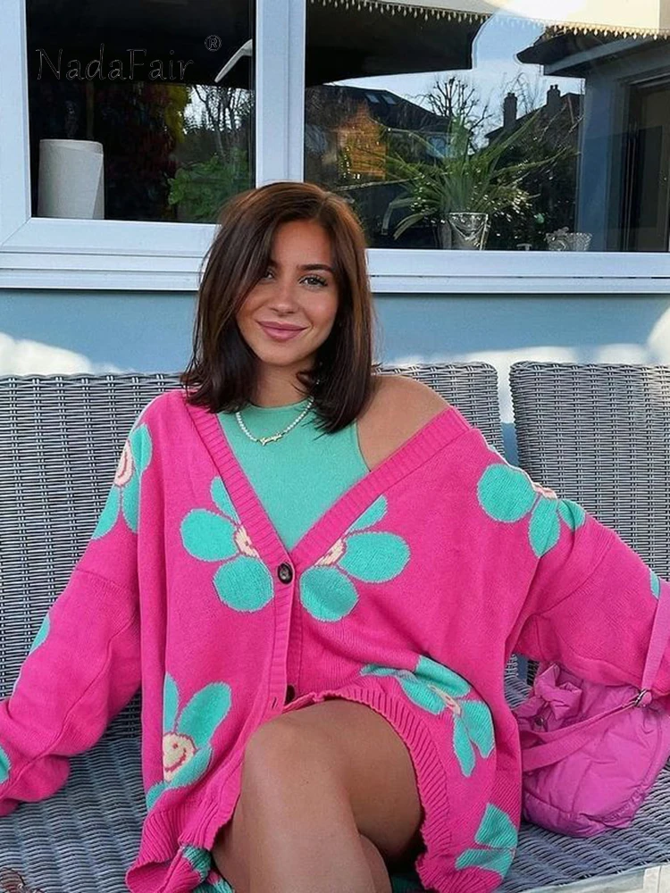 Nadafair Long Sleeve V Neck Oversized Knitted Sweater Cardigan Pink Loose  Streetwear Casual Y2K Women Autumn Winter Tops 2022 - AliExpress