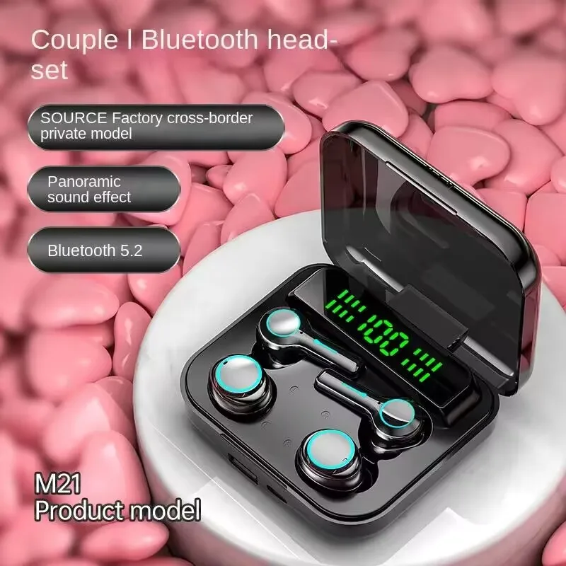 M21 TWS 무선 헤드폰 커플 소음 차단 Bluetooth 이어폰 9D 스테레오 스포츠 방수 4 이어 버드 헤드셋 (마이크 포함)