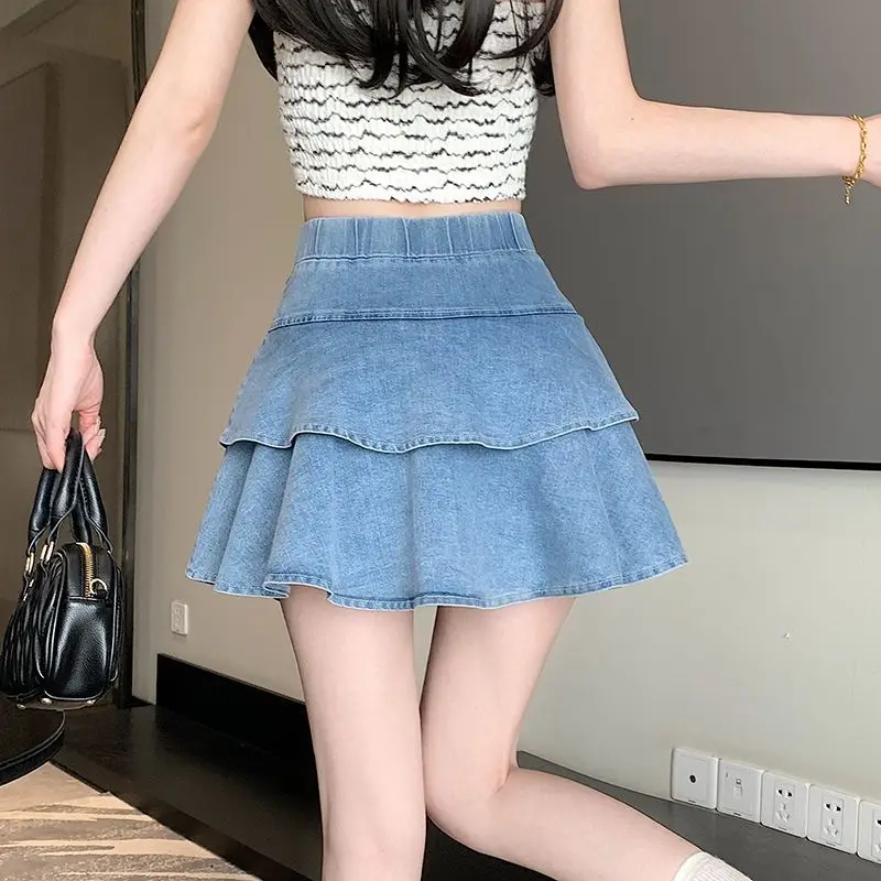Denim Short Skirt Ruffled High Waist Slim Cake Skirt Women Summer 2024 New Korean Style Versatile Short Skirt Skirt