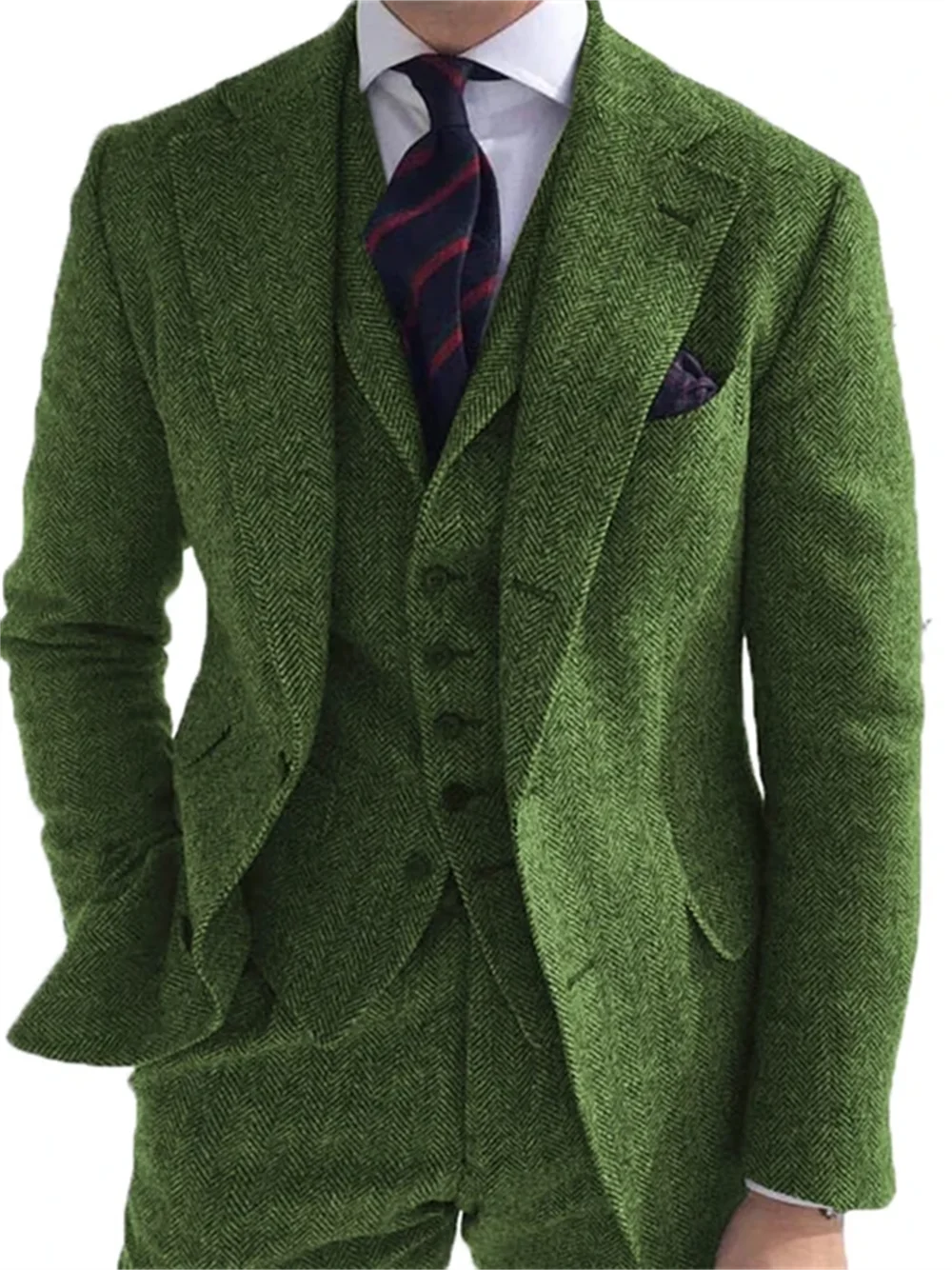 Men's 3 Pieces Suits Green Wool Tweed Herringbone Business Retro Classic Pattern Tuxedos For Wedding Blazer Pants Vest,mens suit