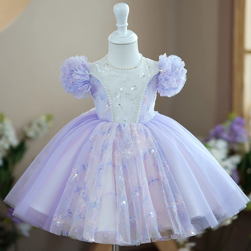 

Tulle Tiered Flower Girl Dress Exquisite Beading First Communion Gown Shiny Sequin Evening Dresses Birthday Party Wear for 2-10Y