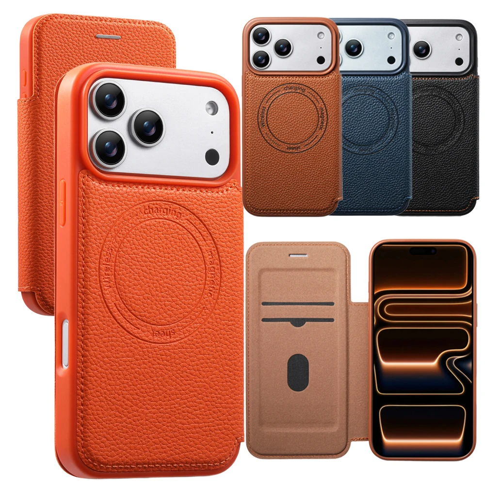 Wireless Charging Leather Flip Case with Magnetic Closure and Card Slots