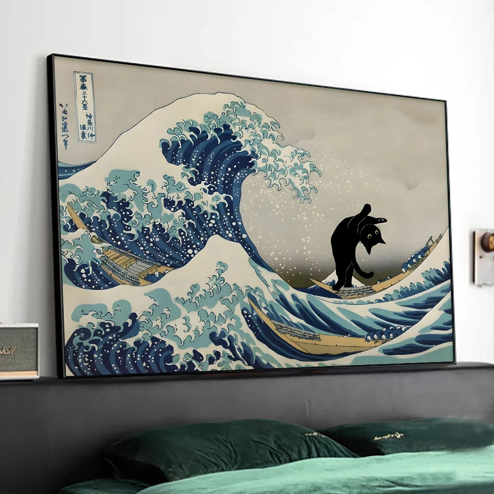 Funny Black Cat Wall Art - Van Gogh Starry Night Inspired Canvas Painting, 8x10 Inches, Framed