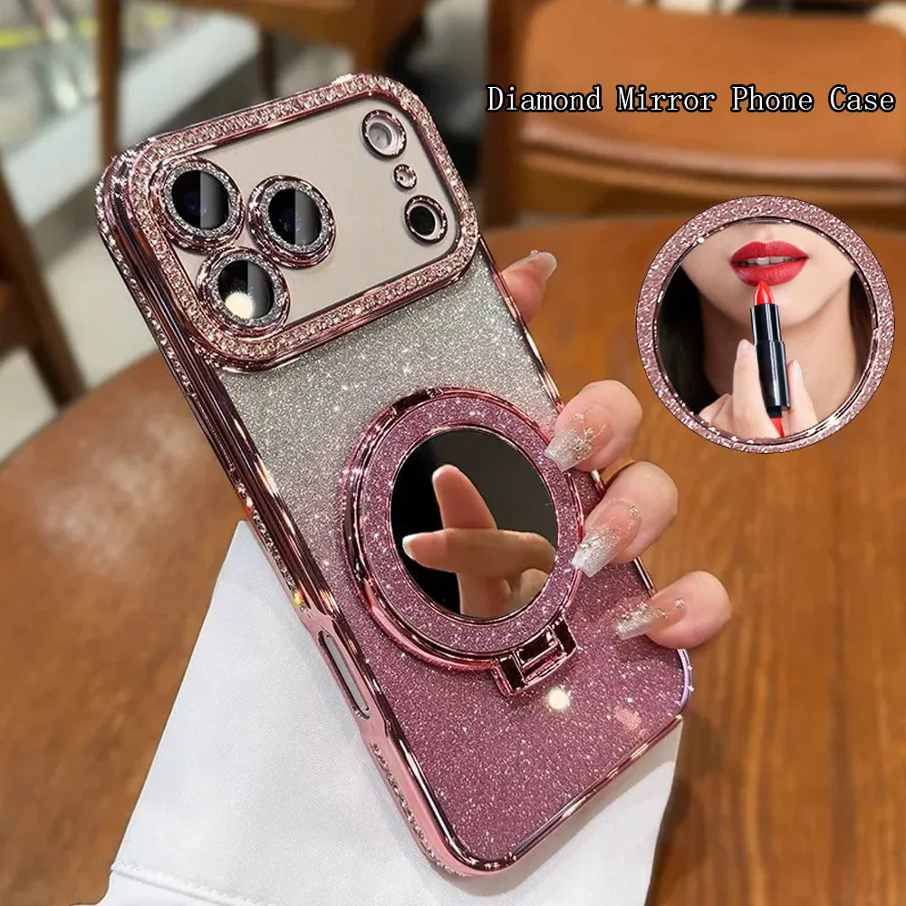 Luxury Diamond Clear Glitter MagSafe Case with Mirror Magnetic Phone Holder and Stand