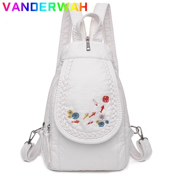 흰색 부드러운 가죽 배낭 여성 패션 자수 백팩 숙녀 여행 가슴 가방 Mochila 학교 가방 여자 배낭 골목