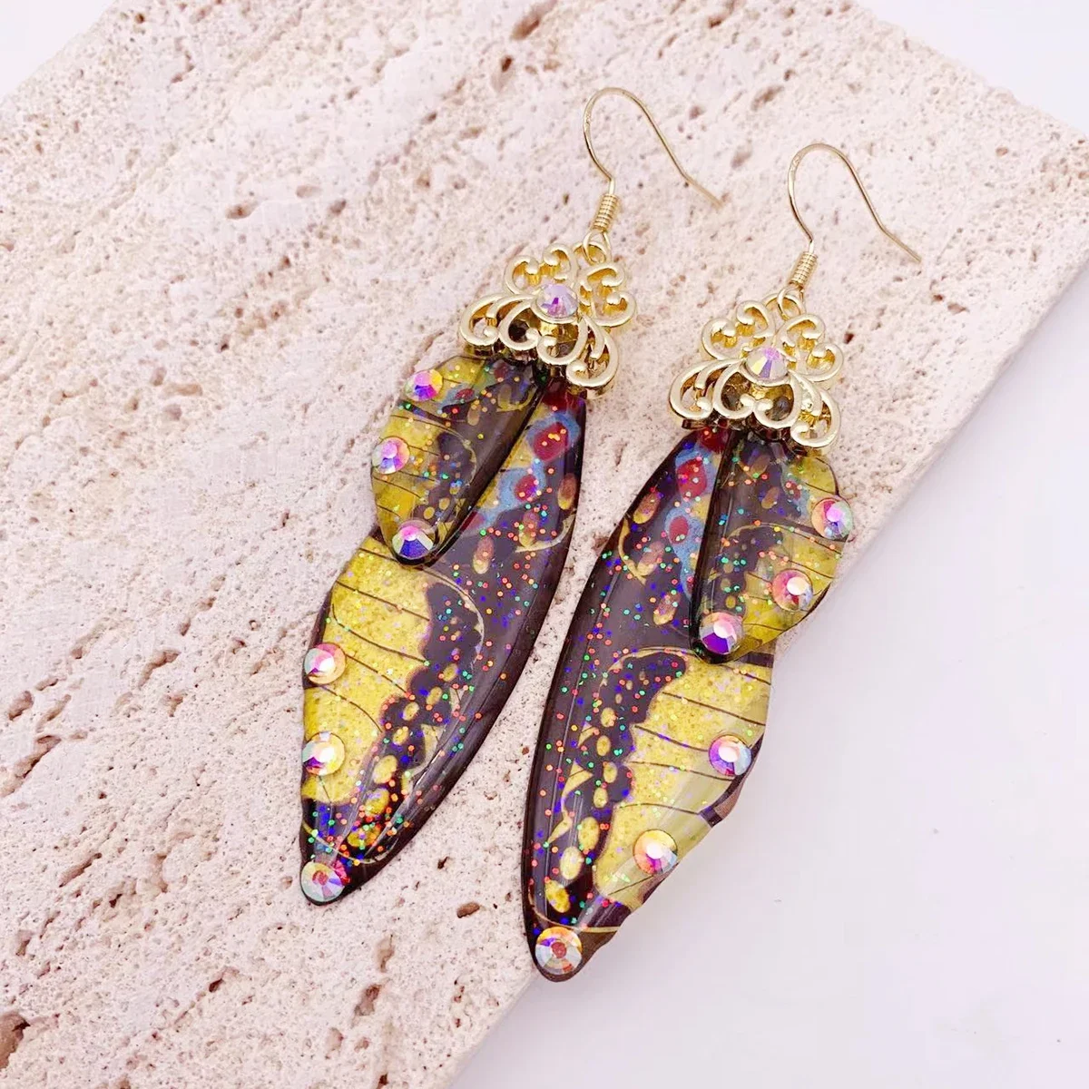 Fairy Rainbow Gradient Resin Butterfly Wing Rhinestone Glitter Earrings