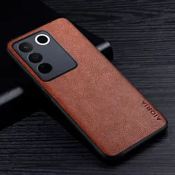 Luxury Retro Litchi Pattern Leather Case - Business Style Back Cover for Vivo V27 Pro (Brown)
