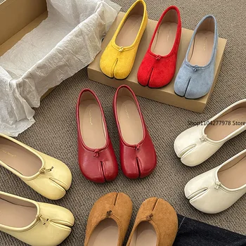 Japanese Style Tabi Ninja Shoes Women Cozy Leather Flats Split Hoof Toe Loafers Femme Mary Jeans Mocasines Ladies Ballerina Shoe 1