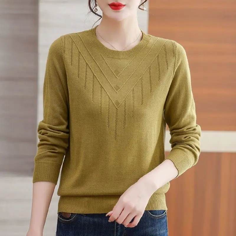 

Women's Spring Autumn Fashion Elegant Round Neck Long Sleeve Pullover Solid Color Linen Casual Versatile Western Commuter Tops