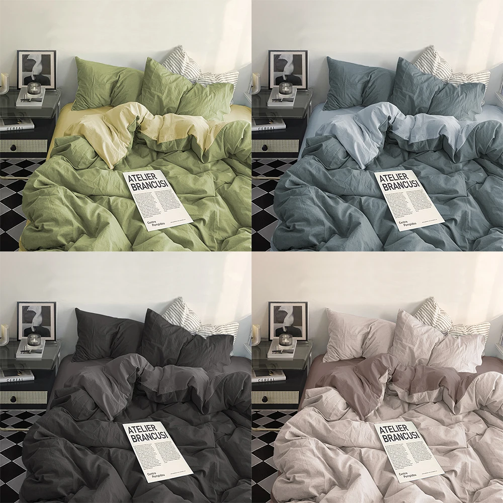 Cotton Bedding Set YanYangTian Bed Linen Bedding set Washed Cotton Four-Piece Bed Sheets Set Comfort Sets Solid Christmas Couple Quilt Cover