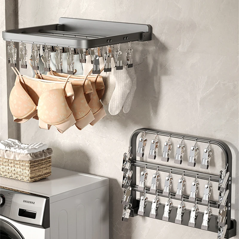 BEISHI Wall Mounted Foldable Aluminum Sock Drying Rack Windproof Clips Clothespin Towel Bra Laundry Hanger Bathroom Accessories 3