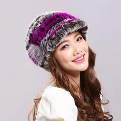 gorro de piel de conejo para mujer, gorros elásticos con estampado Floral de piel de Rex Real, cálido, a la moda, para la nieve