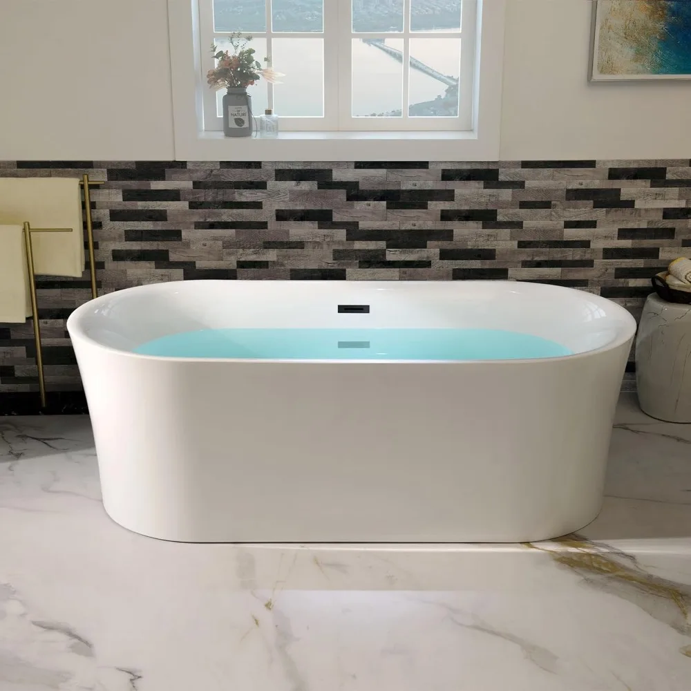 67" Acrylic Contemporary Soaking Tub with Matte Black Overflow and Drain，Acrylic Reinforced with Fiberglass，Freestanding Bathtub 3