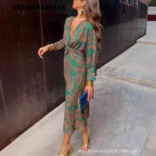 Vestido de manga larga con cuello en V para mujer, vestido elegante con estampado Retro OL, moda de primavera y verano