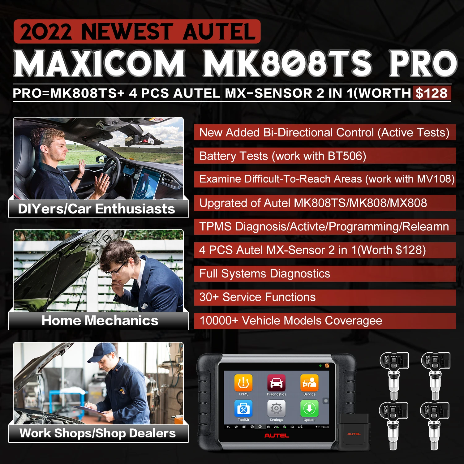 Autel MaxiCOM MK808TS PRO OBD2 Car Diagnostic Scan Tool,Active Test,Full TPMS Services,Autel MK808TS + 4PCS 2-in-1 MX-Sensors auto battery charger