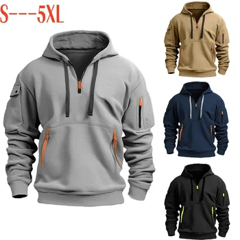 New Autumn Winte Men's Fashion Hooded Sweatshirt Multiple Pockets Half Zipper Oversize Hooded g Hip Hop Loose Pullover 1
