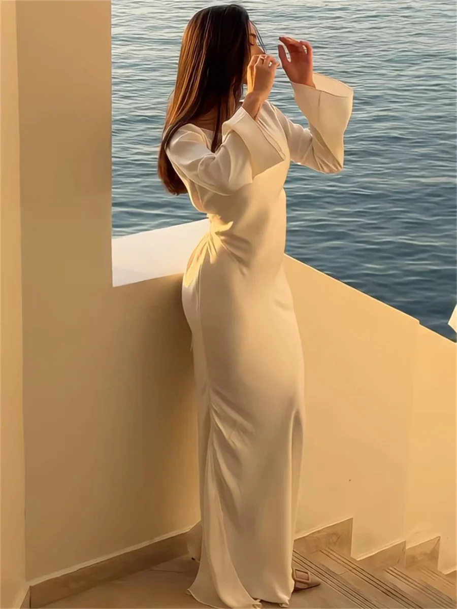 Женское платье макси 2024 Новое шелковое длинное атласное платье с расклешенными рукавами на шнуровке Тонкая юбка Вечерние платья Сексуальные шикарные халаты