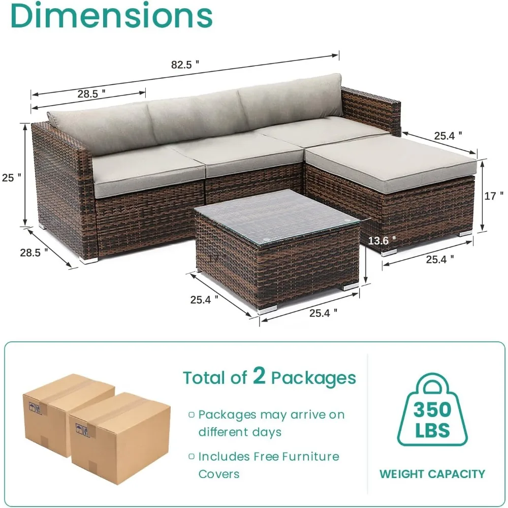 5-Piece Outdoor Sectional Furniture, Outdoor Furniture Set w Grey Cushions,Wicker Patio Furniture Patio Conversation Sets Wicker 6