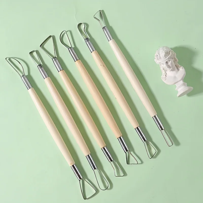6 flat wire knife Stainless steel double-ended clay carving knife with steel wire wooden handle Clay clay repair tool scraper
