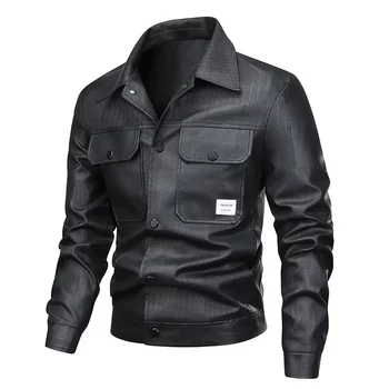 رجال الأعمال سترة جلدية الخريف الشتاء عادية بولي Leather الجلود السائق السترات للرجال Vintage دراجة نارية سترة موضة التلبيب معطف 3
