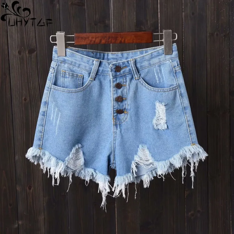 

UHYTGF S-6XL Summer Denim Shorts For Women High Waist Single Breasted Broken Hole Pants Burr Edge Streetwear Ladie Jeans Shorts