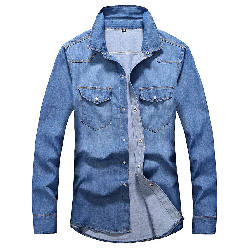 Denim Shirt Long Sleeved Shirt Spring Men Slim Fit Denim Shirts Men Casual Solid Color Long Sleeve Cotton Shirts Male Jeans Shirt Fashion Cowboy Shirt 4XL